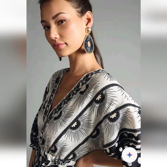 Farm Rio Puff Sleeve Linen Anthropologie Black White Beaded Mini Dress Size S - Picture 4 of 11